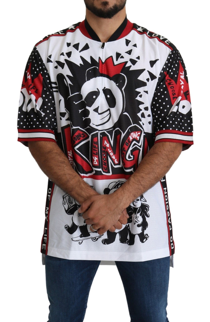 Chic White King Panda Print Zipper Collar Tee Dolce & Gabbana