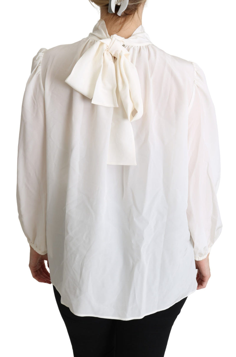 Elegant White Silk Pussy Bow Blouse Dolce & Gabbana