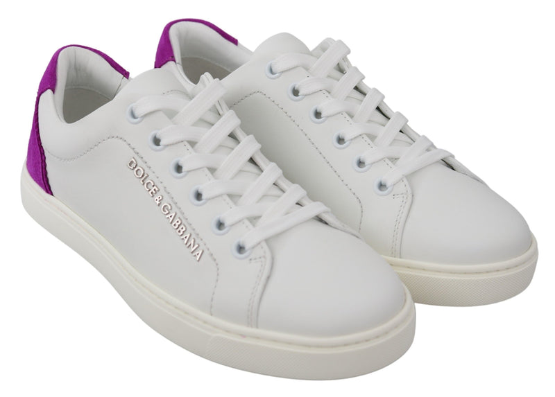 Chic White Leather Sneakers with Purple Accents Dolce & Gabbana