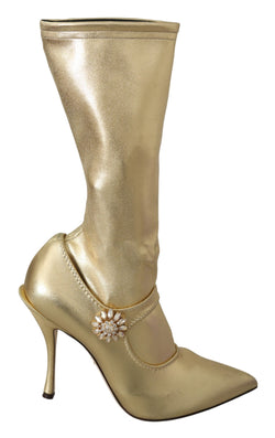 Elegant Gold Ankle Boots Socks with Rhinestones Dolce & Gabbana