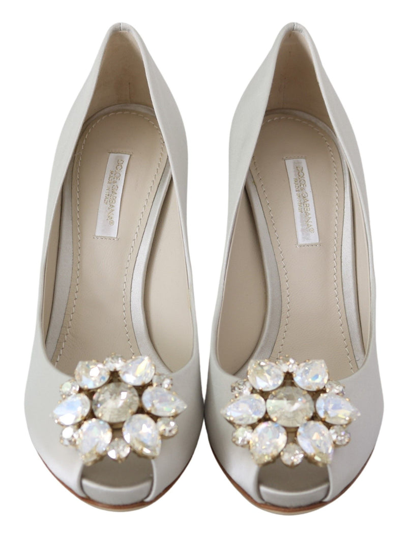 White Crystal Peep Toe Silk Blend Heels Dolce & Gabbana