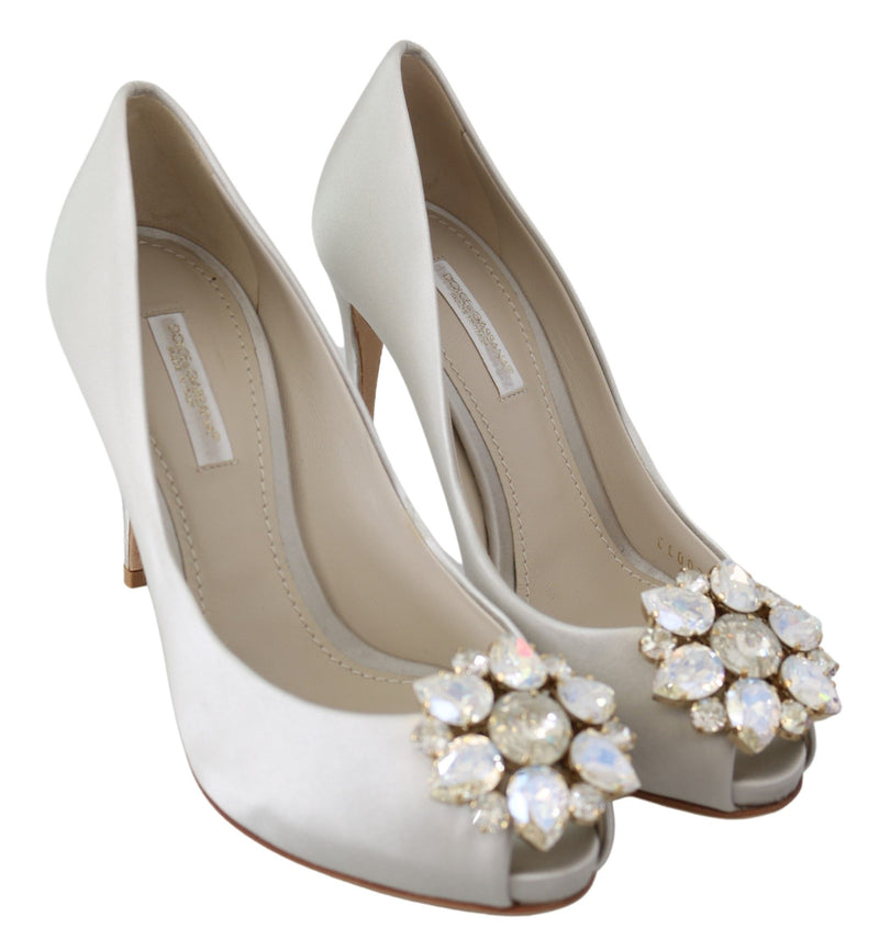 White Crystal Peep Toe Silk Blend Heels Dolce & Gabbana