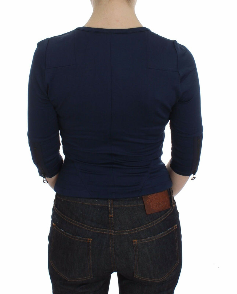 Chic Zippered Crew-Neck Blue Sweater Exte