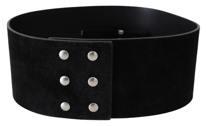 Elegant Black Leather Wide Belt with Silver Tone Buckle GF Ferre