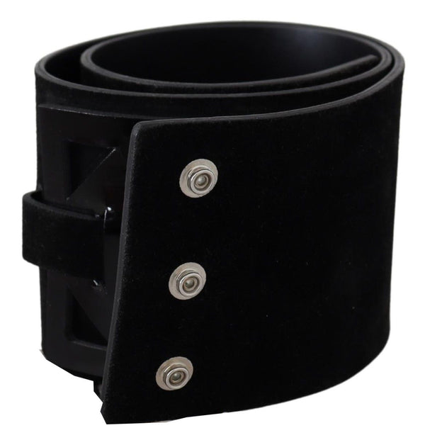 Elegant Black Leather Wide Belt with Silver Tone Buckle GF Ferre