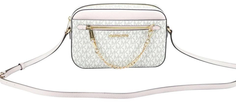 Jet Set Item Large East West Signature Leather Zip Chain Crossbody Handbag (Vanilla PVC/Powder Blush) Michael Kors