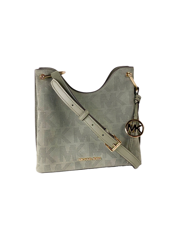 Joan Large Perforated Suede Leather Slouchy Messenger Handbag (Army Green) Michael Kors