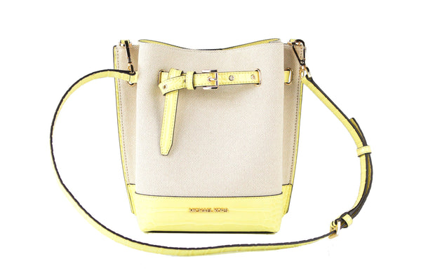 Emilia Small Canvas Snakeskin Print Leather Bucket Bag Messenger Crossbody Handbag (Buttercup) Michael Kors