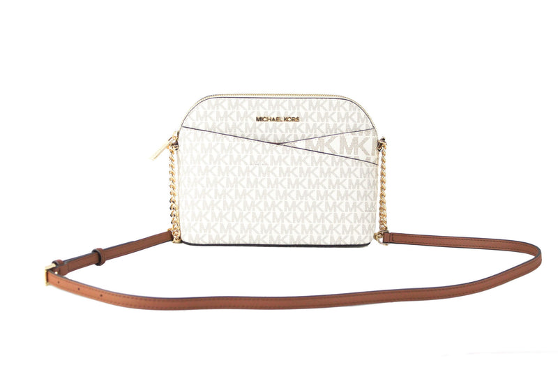 Jet Set Travel Medium Leather X Cross Dome Crossbody Handbag (Vanilla Signature/Gold) Michael Kors