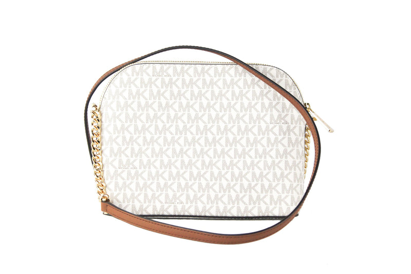 Jet Set Travel Medium Leather X Cross Dome Crossbody Handbag (Vanilla Signature/Gold) Michael Kors