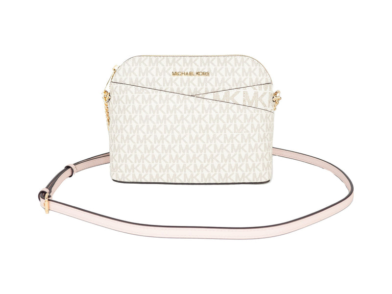 Jet Set Travel Medium Leather X Cross Dome Crossbody Handbag (Vanilla Signature/Powder Blush) Michael Kors