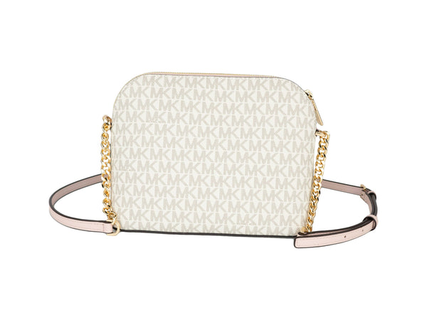 Jet Set Travel Medium Leather X Cross Dome Crossbody Handbag (Vanilla Signature/Powder Blush) Michael Kors