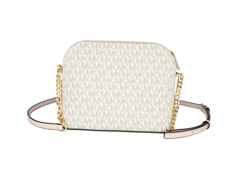 Jet Set Travel Medium Leather X Cross Dome Crossbody Handbag (Vanilla Signature/Powder Blush) Michael Kors