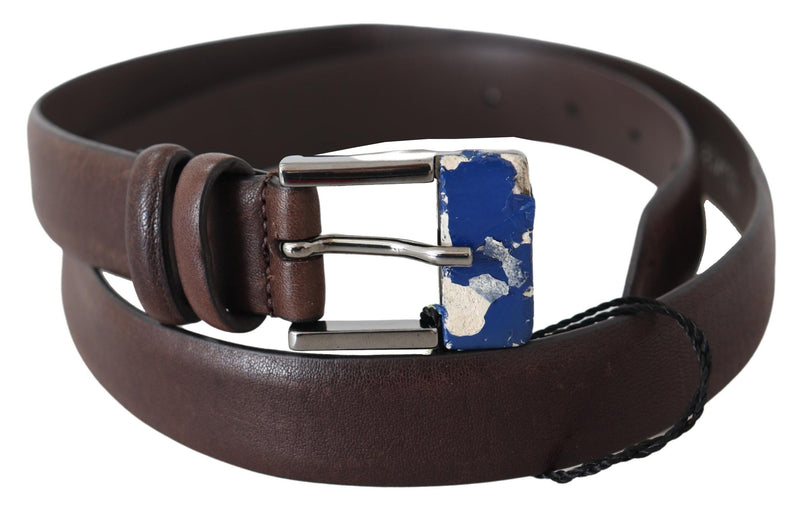 Elegant Brown Leather Classic Belt with Silver-Tone Buckle Costume National