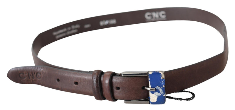 Elegant Brown Leather Classic Belt with Silver-Tone Buckle Costume National