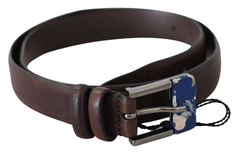 Elegant Brown Leather Classic Belt with Silver-Tone Buckle Costume National