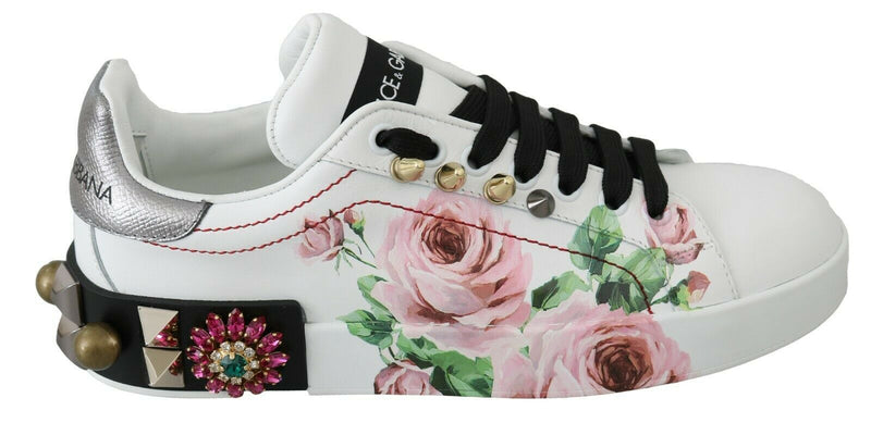 Floral Crystal-Embellished Leather Sneakers Dolce & Gabbana