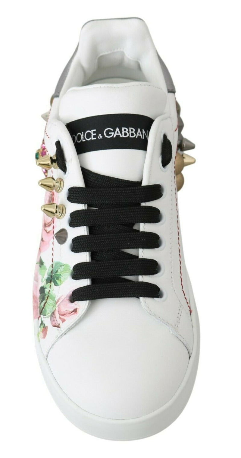 Floral Crystal-Embellished Leather Sneakers Dolce & Gabbana