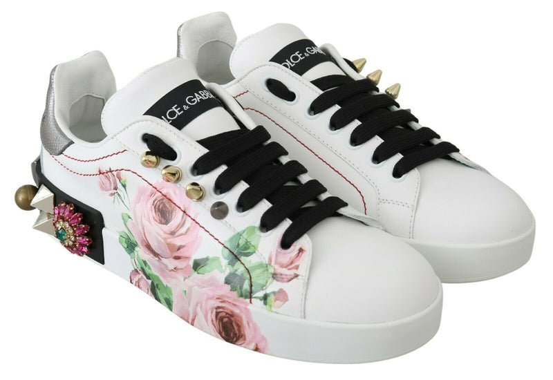 Floral Crystal-Embellished Leather Sneakers Dolce & Gabbana