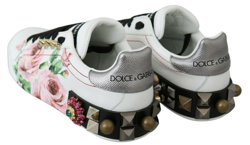 Floral Crystal-Embellished Leather Sneakers Dolce & Gabbana