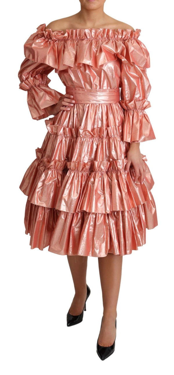 Pink Metallic Ruffled Gown Elegance Dolce & Gabbana