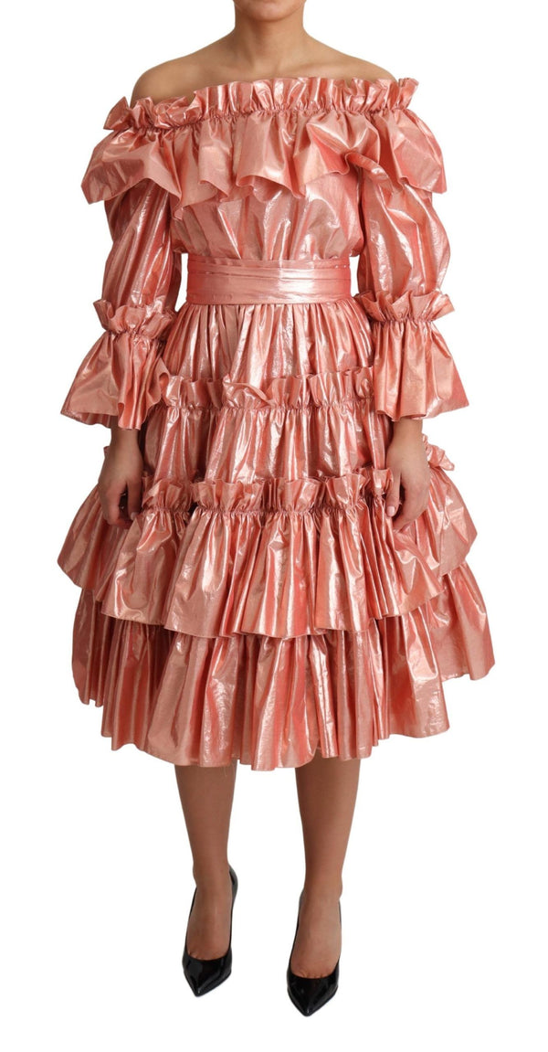 Pink Metallic Ruffled Gown Elegance Dolce & Gabbana