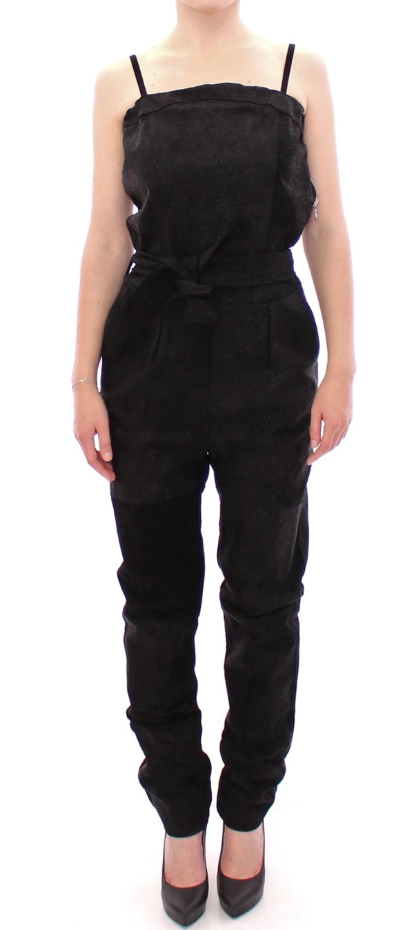 Elegant Black Leather Jumpsuit with Waist Strap La Maison du Couturier