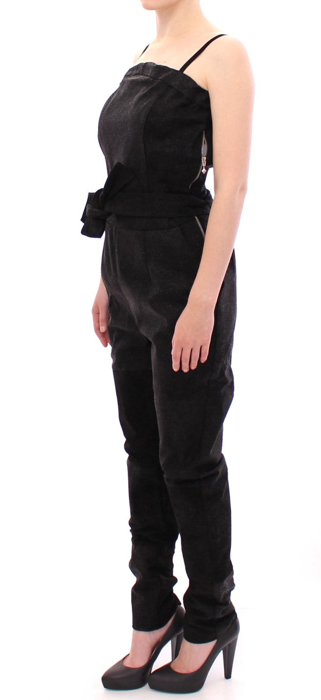 Elegant Black Leather Jumpsuit with Waist Strap La Maison du Couturier