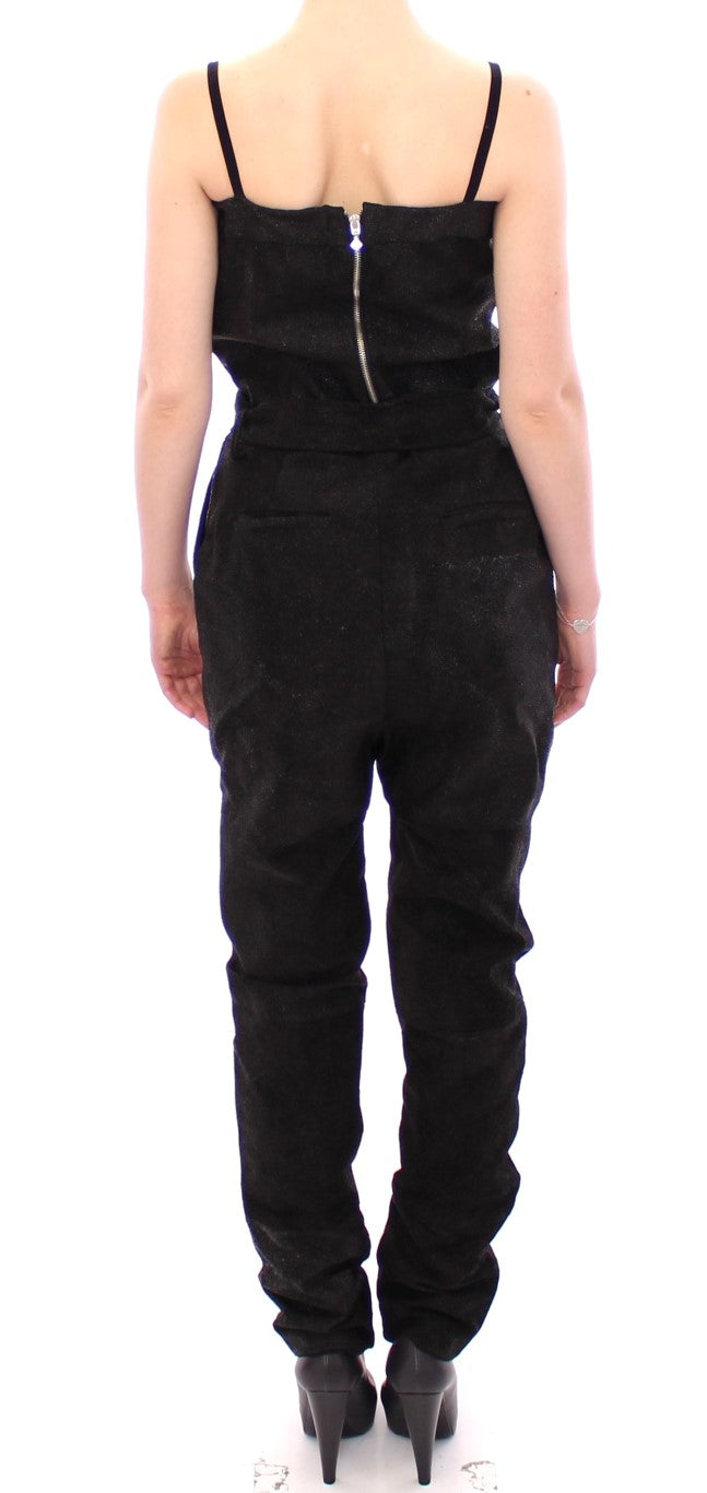 Elegant Black Leather Jumpsuit with Waist Strap La Maison du Couturier