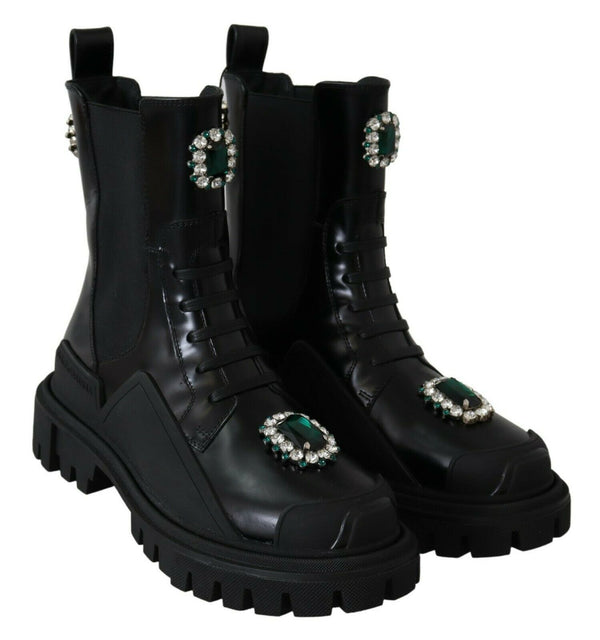 Elegant Black Leather Combat Boots with Crystal Detail Dolce & Gabbana