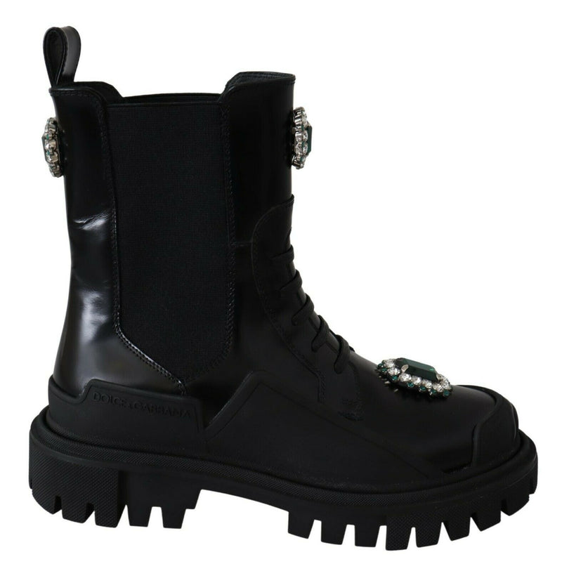 Elegant Black Leather Combat Boots with Crystal Detail Dolce & Gabbana