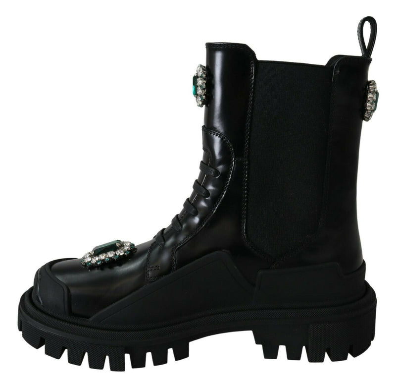 Elegant Black Leather Combat Boots with Crystal Detail Dolce & Gabbana