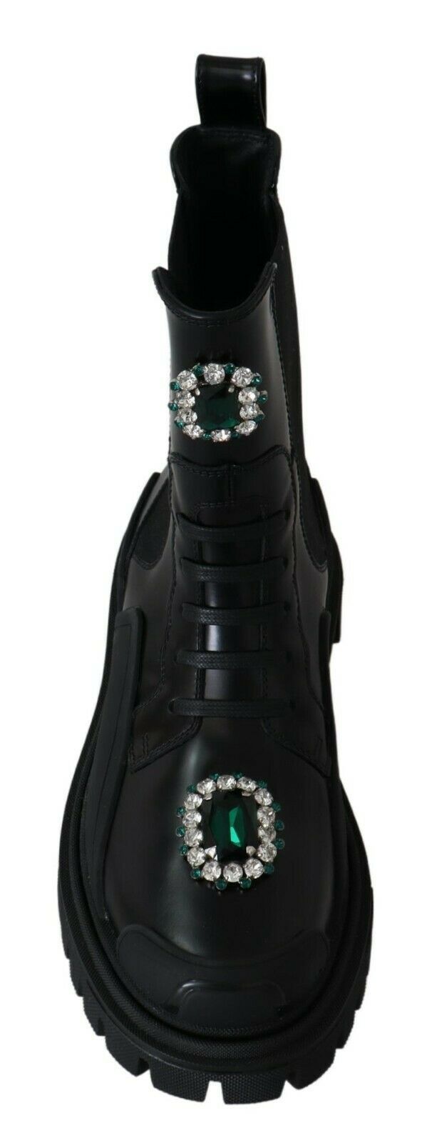 Elegant Black Leather Combat Boots with Crystal Detail Dolce & Gabbana