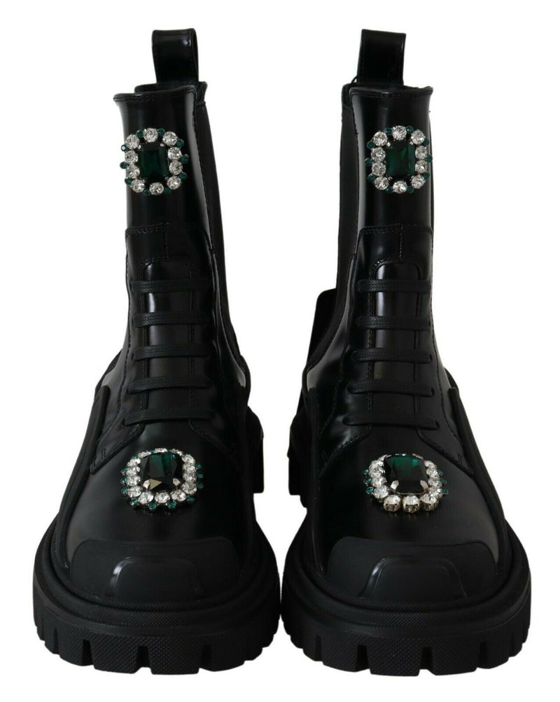 Elegant Black Leather Combat Boots with Crystal Detail Dolce & Gabbana