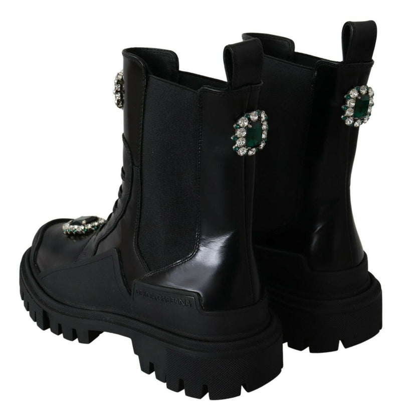 Elegant Black Leather Combat Boots with Crystal Detail Dolce & Gabbana