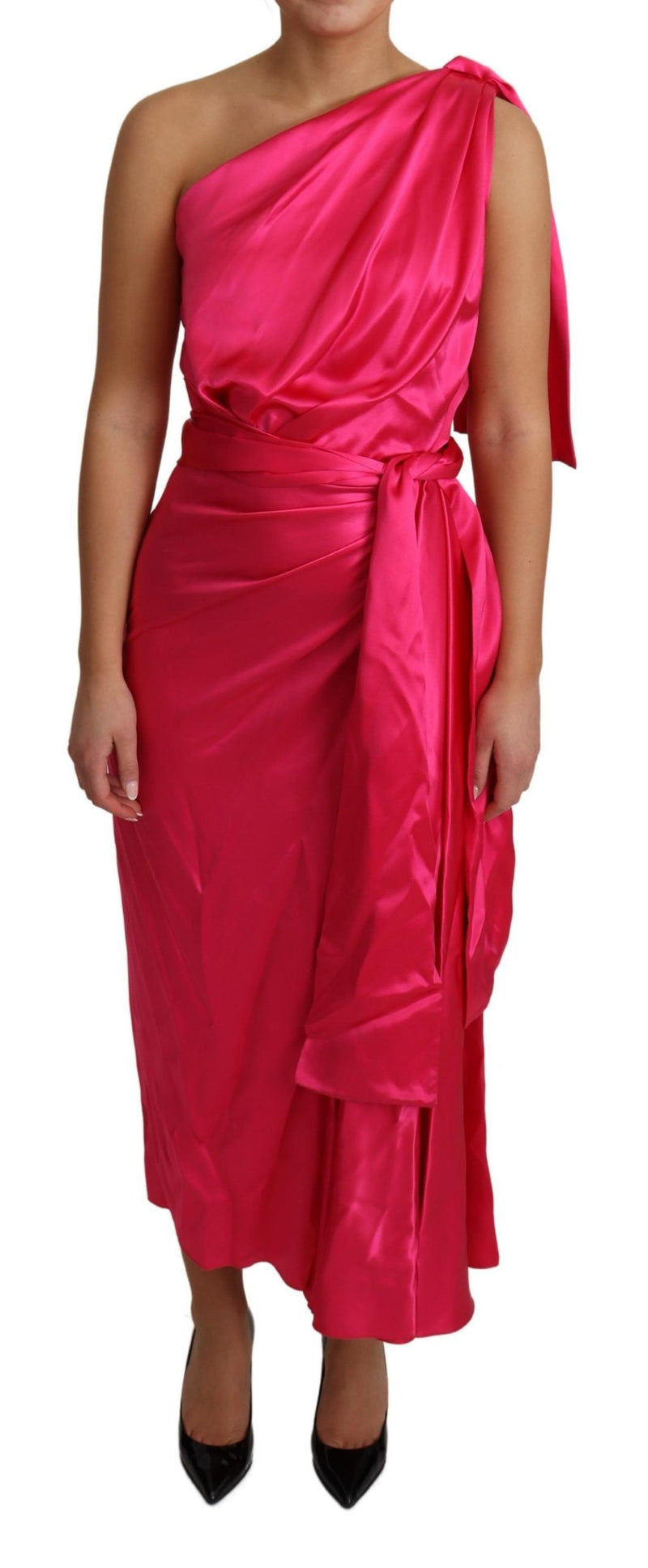 Elegant Fuchsia Silk One-Shoulder Wrap Dress Dolce & Gabbana