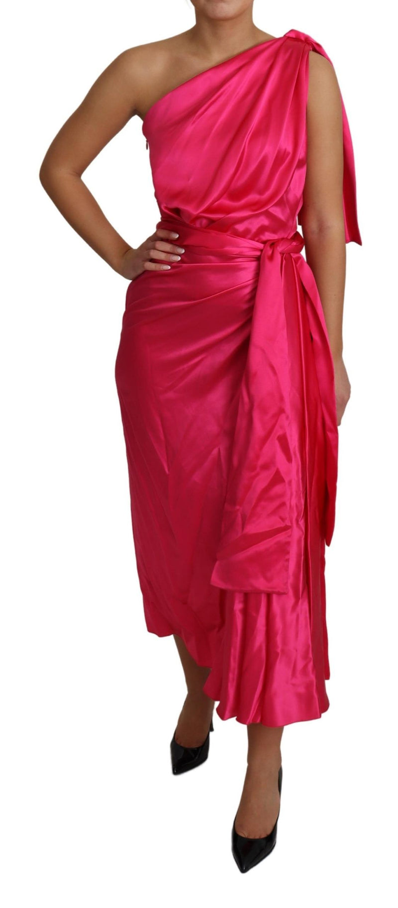 Elegant Fuchsia Silk One-Shoulder Wrap Dress Dolce & Gabbana
