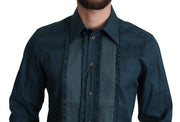 Elegant Blue Ruffled Tuxedo Shirt Dolce & Gabbana