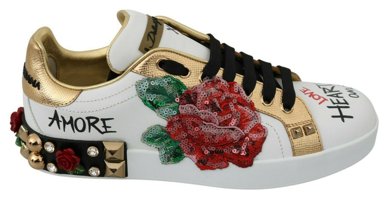 Elegant Sequined Floral Leather Sneakers Dolce & Gabbana