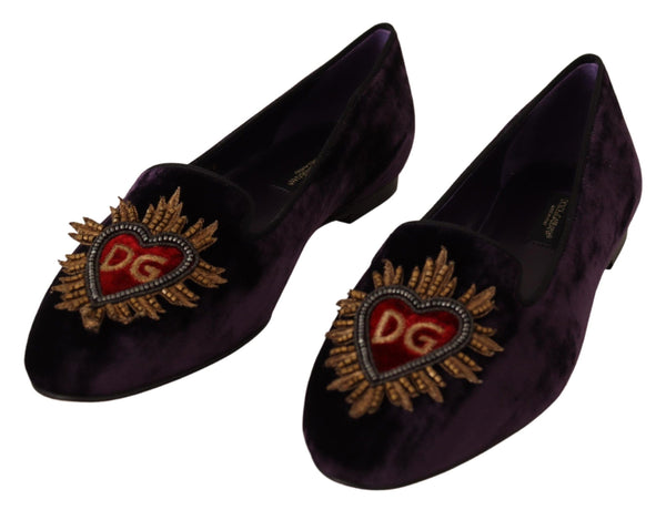 Chic Purple Velvet Loafers with Heart Detail Dolce & Gabbana