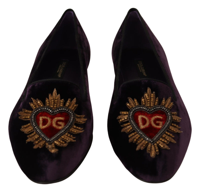 Chic Purple Velvet Loafers with Heart Detail Dolce & Gabbana