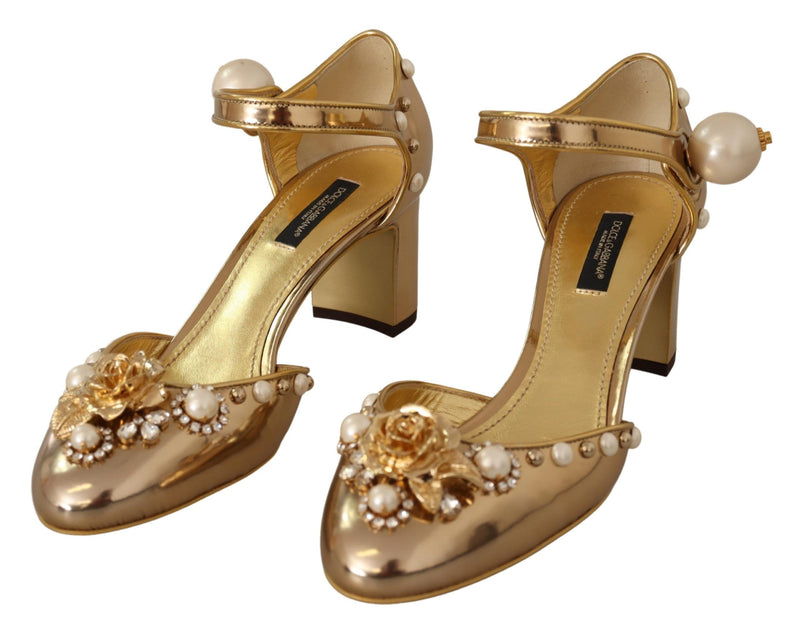 Elegant Gold Leather Block Heels with Crystals Dolce & Gabbana