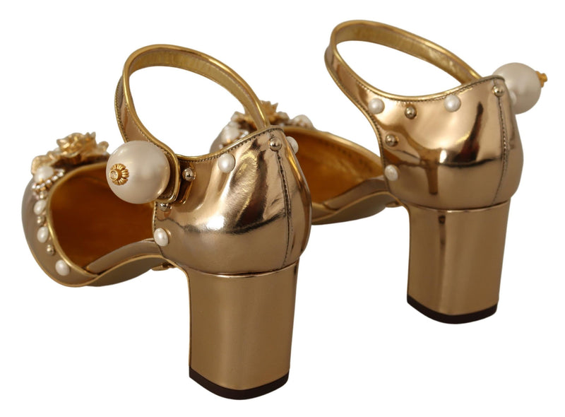 Elegant Gold Leather Block Heels with Crystals Dolce & Gabbana