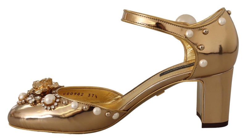 Elegant Gold Leather Block Heels with Crystals Dolce & Gabbana