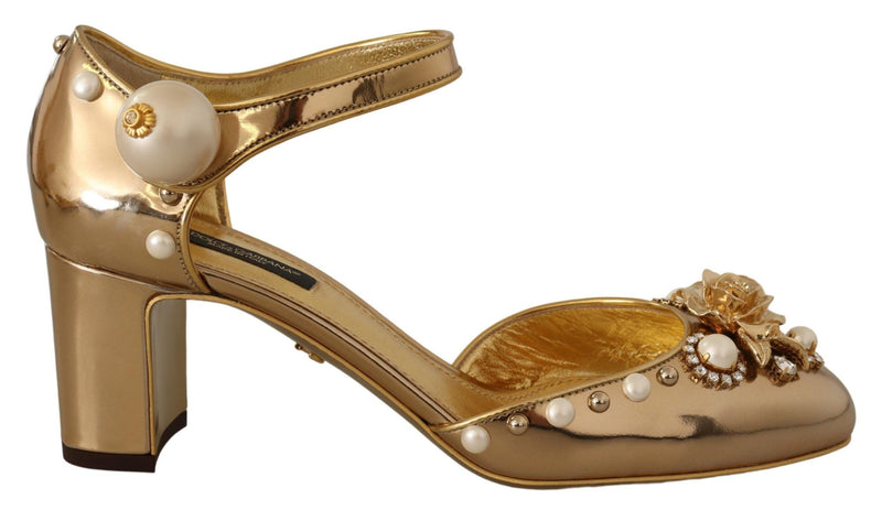 Elegant Gold Leather Block Heels with Crystals Dolce & Gabbana