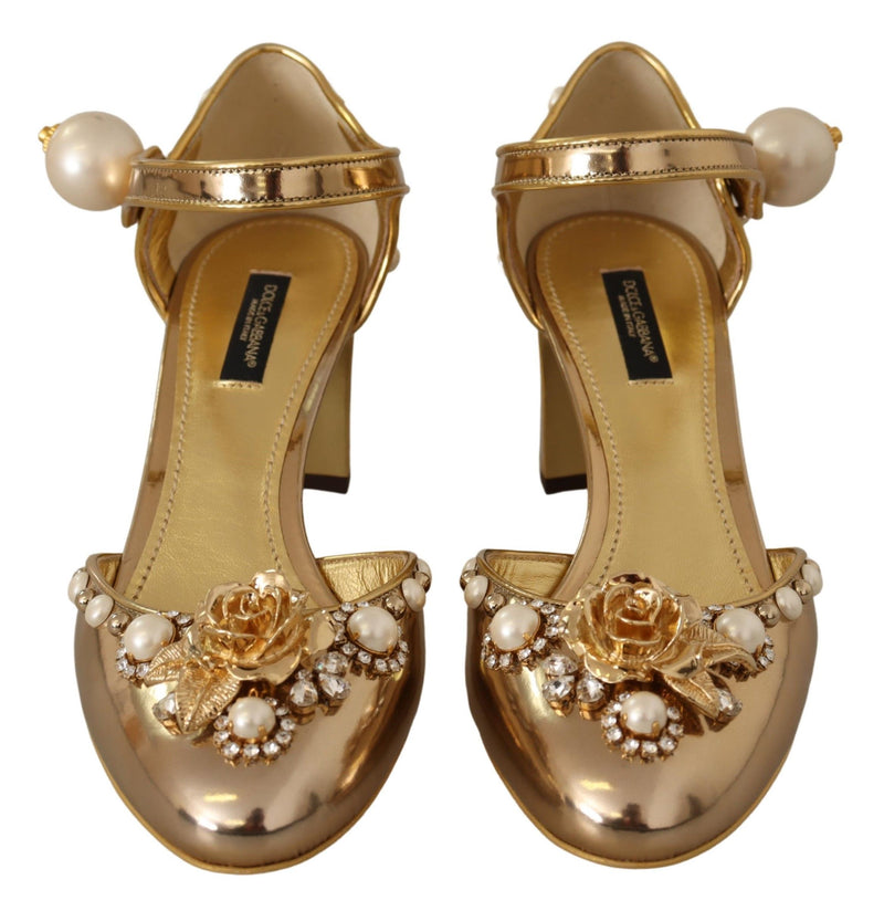 Elegant Gold Leather Block Heels with Crystals Dolce & Gabbana