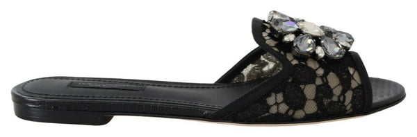 Elegant Black Lace Mules with Jewel Flower Detail Dolce & Gabbana