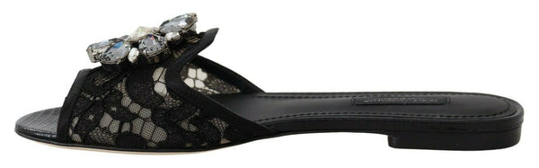 Elegant Black Lace Mules with Jewel Flower Detail Dolce & Gabbana