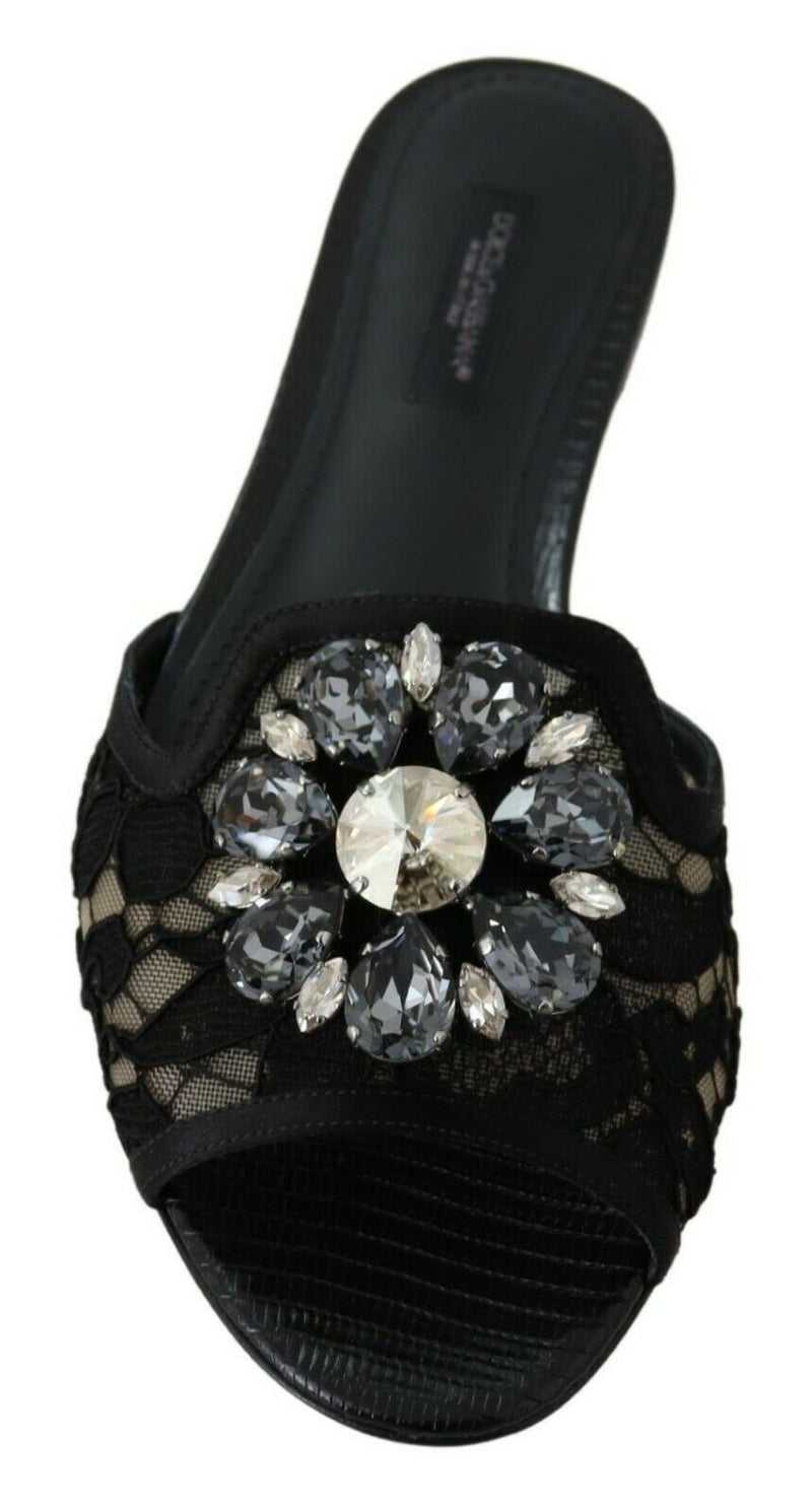 Elegant Black Lace Mules with Jewel Flower Detail Dolce & Gabbana