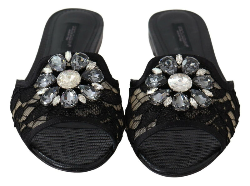 Elegant Black Lace Mules with Jewel Flower Detail Dolce & Gabbana